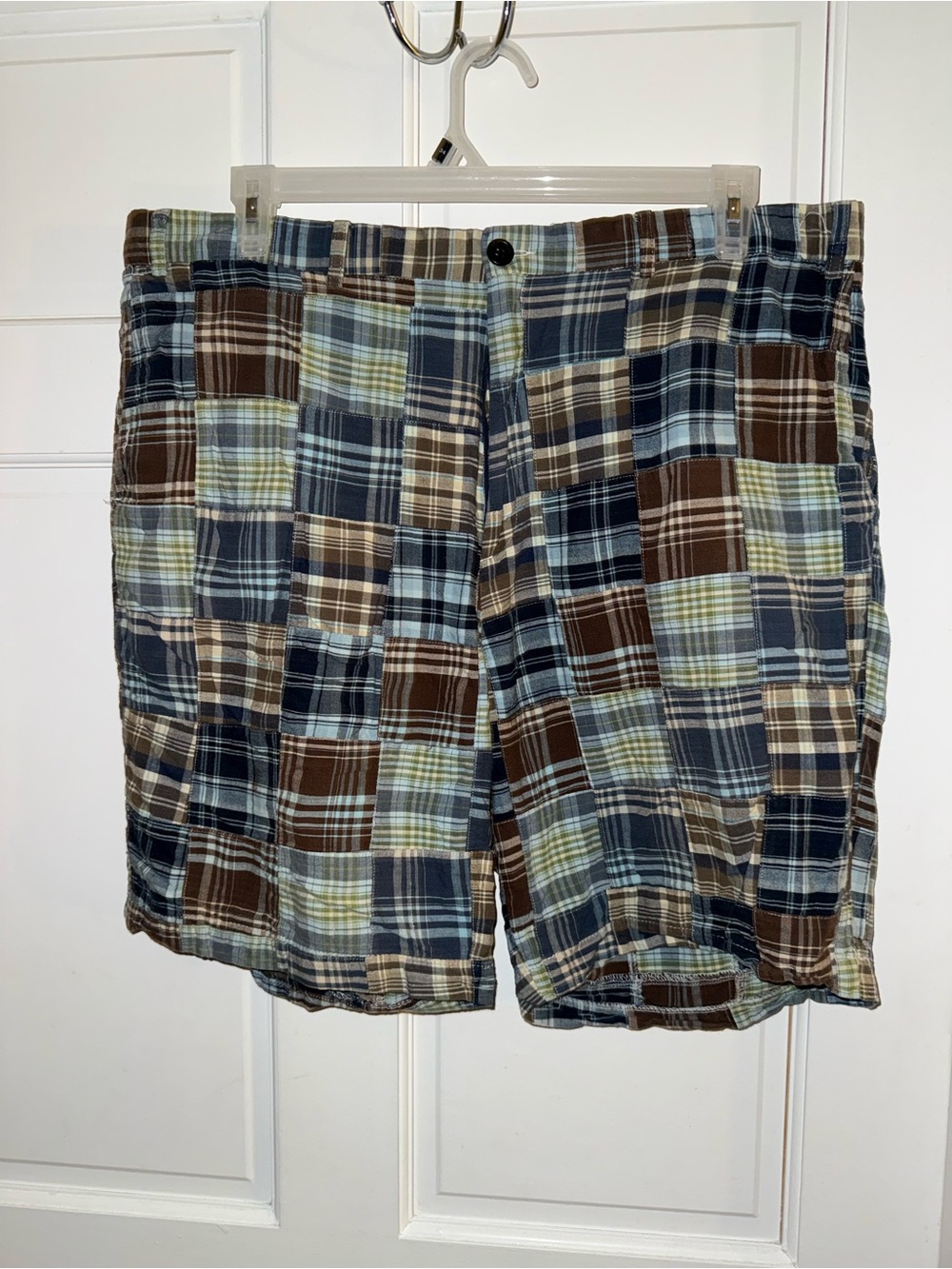 Men's Plaid Patchwork Flat Front Shorts - Blue & Brown